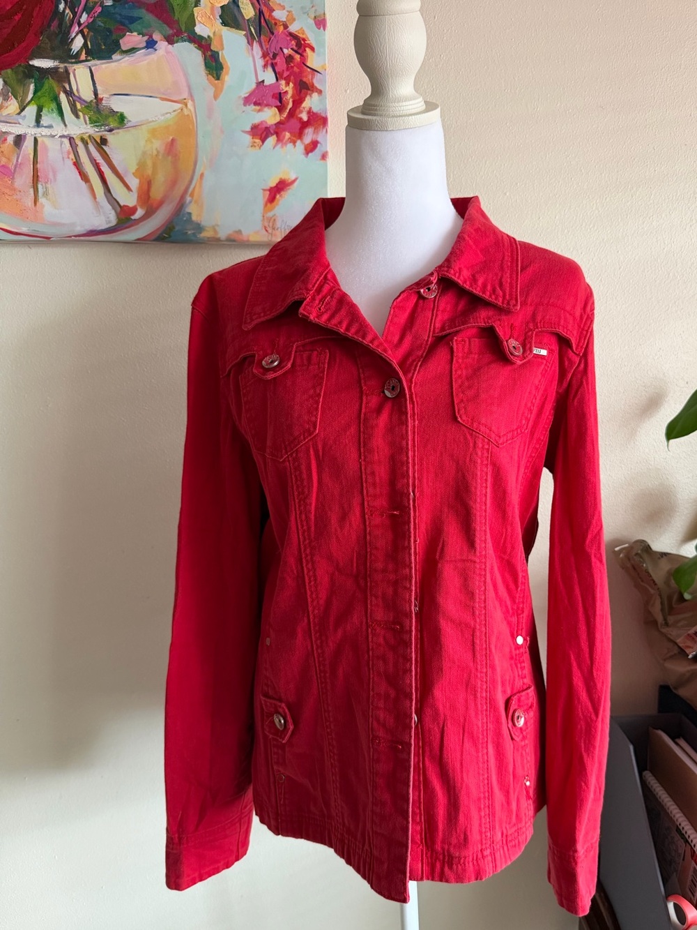Women's Red Denim Jacket - Classic Button-Front Jean Coat
